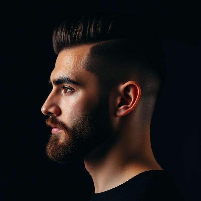 Pompadour and groomed beard profile